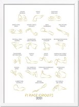 F1 poster circuits 2021 met goudfolie bedrukking A3 + fotolijst wit (29,7x42cm) - DesignClaud
