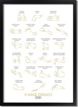 F1 poster circuits 2021 met goudfolie bedrukking A4 + fotolijst zwart (21x29,7cm) - DesignClaud