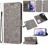 Voor Samsung Galaxy S21 5G Huid Voelen Reliëf Zonnebloem Horizontale Flip Lederen Case met Houder & Kaartsleuven & Portemonnee & Lanyard (Grijs)