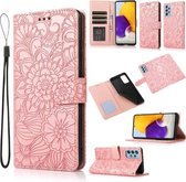 Voor Samsung Galaxy A72 5G/4G Huid Voelen Reliëf Zonnebloem Horizontale Flip Lederen Case met Houder & Kaartsleuven & Portemonnee & Lanyard (Rose Goud)