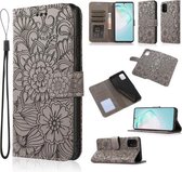 Voor Samsung Galaxy A91 Huid Voelen Reliëf Zonnebloem Horizontale Flip Lederen Case met Houder & Kaartsleuven & Portemonnee & Lanyard (Grijs)