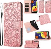 Voor Samsung Galaxy A50s Huid Voelen Reliëf Zonnebloem Horizontale Flip Lederen Case met Houder & Kaartsleuven & Portemonnee & Lanyard (Rose Goud)