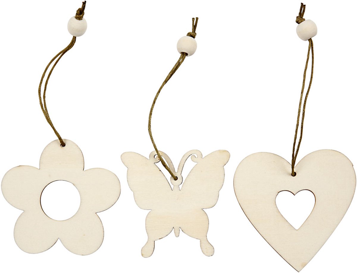 Houten decoraties, bloem, vlinder, hart, afm 6 cm, dikte 3 mm, 200 stuk