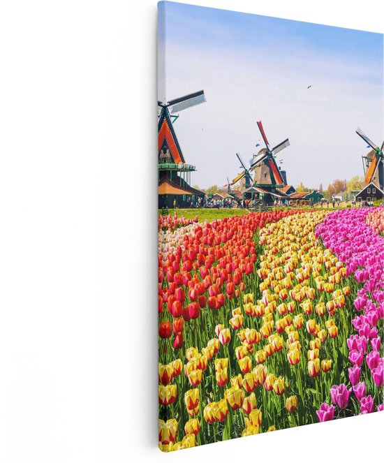 Artaza Canvas Schilderij Kleurrijke Tulpen Bloemenveld - Windmolen - 80x120 - Groot - Foto Op Canvas - Canvas Print