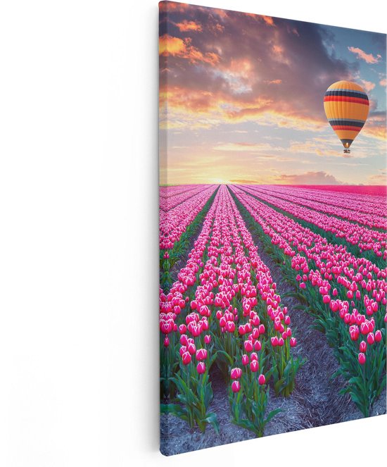 Artaza - Peinture Sur Toile - Champ De Fleurs Avec Des Tulipes Roses - Montgolfière - 80x120 - Groot - Photo Sur Toile - Impression Sur Toile