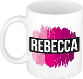 Rebecca  naam cadeau mok / beker met roze verfstrepen - Cadeau collega/ moederdag/ verjaardag of als persoonlijke mok werknemers