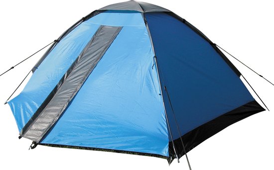 Blauwe koepeltent met een grijze en zwarte accenten.