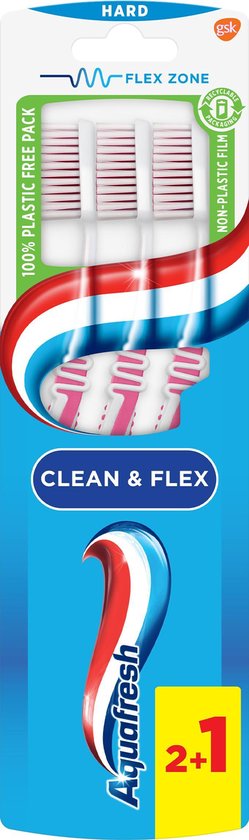 Aquafresh Clean & Flex Hard tandenborstels, 3 stuks met 2+1 aanbieding, recyclebare verpakking.
