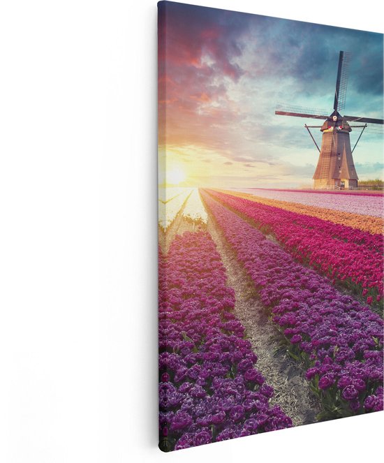 Artaza Canvas Schilderij Kleurrijke Tulpen Bloemenveld - Windmolen - 40x60 - Poster Foto op Canvas - Canvas Print
