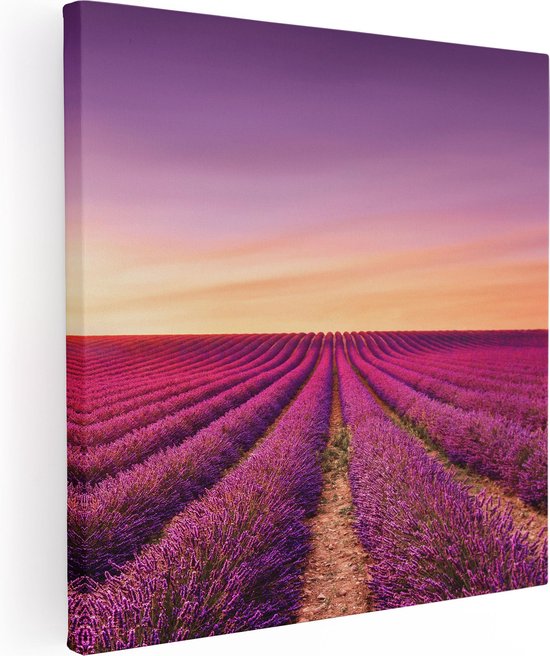 Artaza Canvas Schilderij Paarse Lavendel Bloemenveld - 80x80 - Groot - Foto Op Canvas - Canvas Print