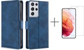 Telefoonhoesje Samsung Galaxy S21 Ultra | Hoogwaardig Pu Leren Bookcase | Pasjeshouder | Luxe Uitstraling | Blauw + 1x screenprotector
