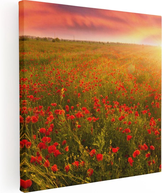 Artaza Canvas Schilderij Rode Klaproos Bloemenveld - Zonsondergang - 60x60 - Foto Op Canvas - Canvas Print