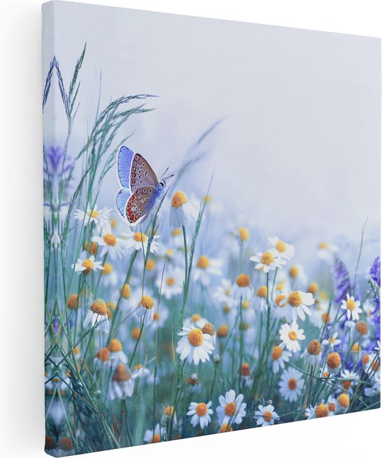 Artaza Canvas Schilderij Witte Kamille Bloemen Met Een Vlinder - 50x50 - Foto Op Canvas - Canvas Print