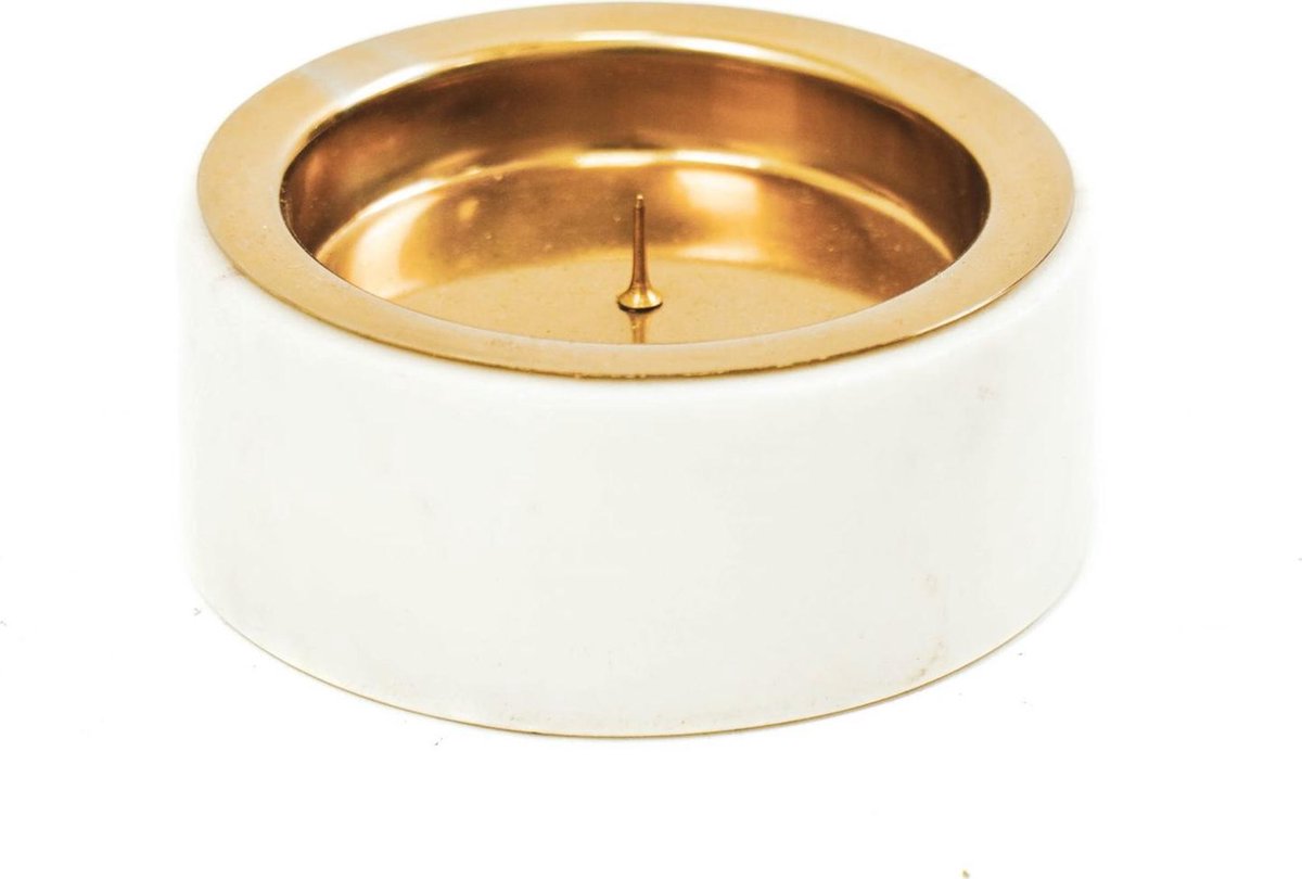 Housevitamin - Marmeren/ Metalen - Binnen & Buiten kaarshouder / Theelichthouder -10x10x4cm - Wit/Goud