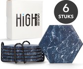 HighSupply Design Onderzetters van Marmer en Keramiek voor Glazen – Blauw – 6 Onderleggers – Glasonderzetters met Houder – Kurk