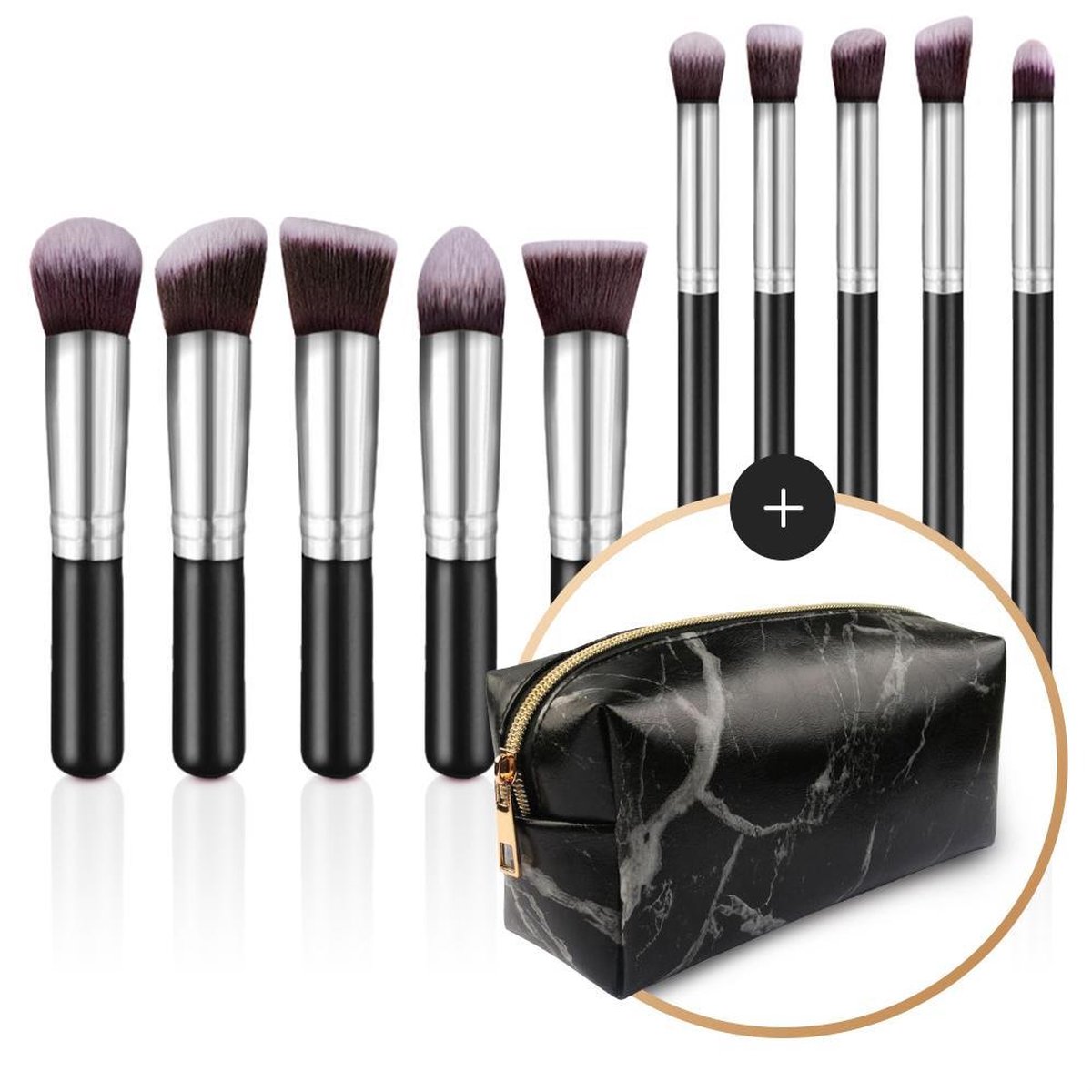Evvie set van 10 make-up kwasten kabuki in etui marble - Zwart-Zilver