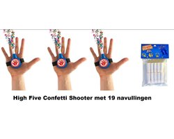 3x High Five Confetti Shooter met papieren snippers + 19 navullingen - shooter papier hig five thema feest festival party jubileum huwelijk