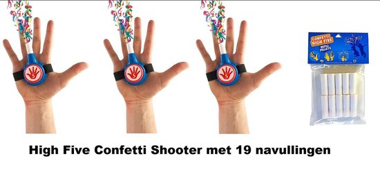 3x High Five Confetti Shooter met papieren snippers + 19 navullingen - shooter papier hig five thema feest festival party jubileum huwelijk