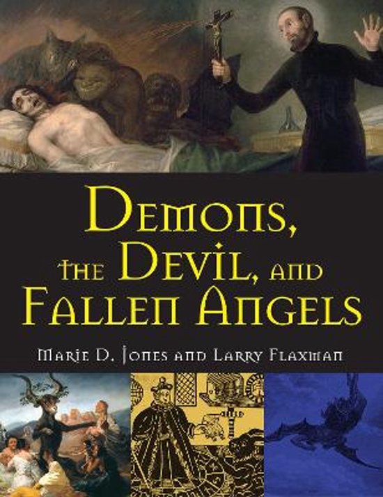 Boekomslag 'Demons, the Devil, and Fallen Angels' met schilderijen van demonen, een priester en gevallene engelen.