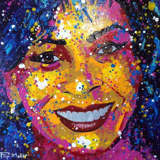 Schilderij Titel: "Tina" Modern, abstract en kleurrijk  portret.