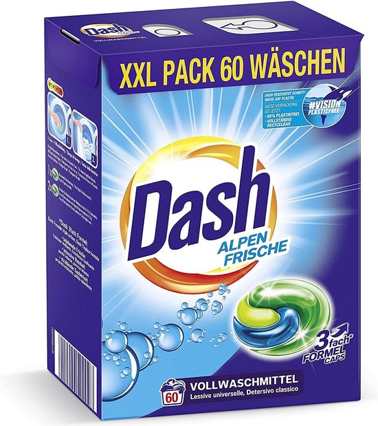 Dash® AlpenFris 3 in 1 Caps XXL economy pak I 60 wasbeurten I Wasmiddelcapsules voor witte was I 3 in 1 formule voor frisheid, zuiverheid en reinheid | 1.59 kg