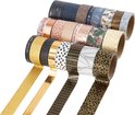 Washi tape rollen met blad-, stip-, pijlen-, goudfolie- en bladpatronen.