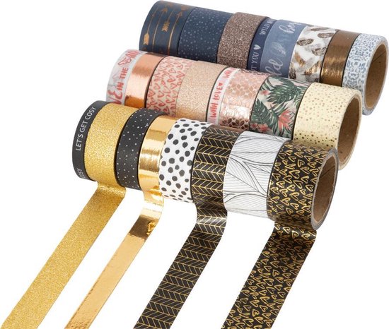 Washi tape rollen met blad-, stip-, pijlen-, goudfolie- en bladpatronen.