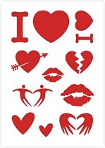 Valentijn sjabloon - I Love, liefde, kus, lippen, hartje - Kunststof A3 stencil - Kindvriendelijk sjabloon geschikt voor graffiti, airbrush, schilderen, muren, meubilair, taarten e