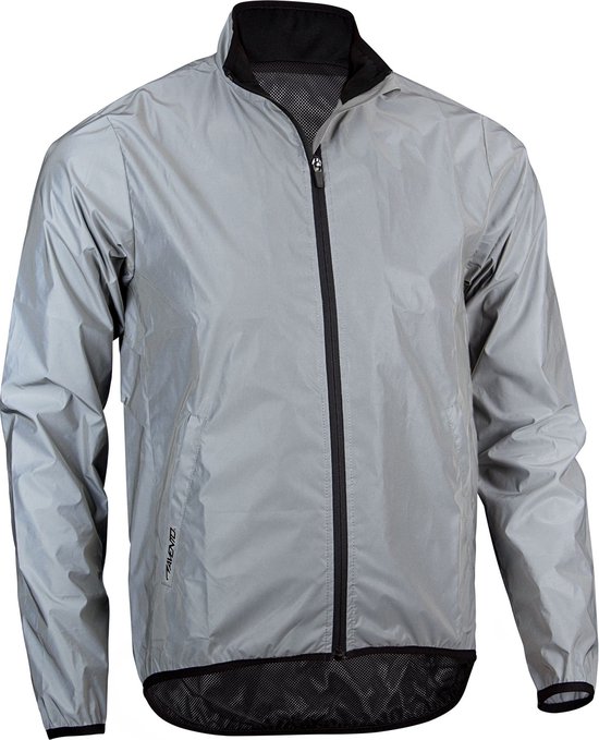 Veste Avento réfléchissante argentée avec col noir, fermeture éclair et détail en mesh en bas.