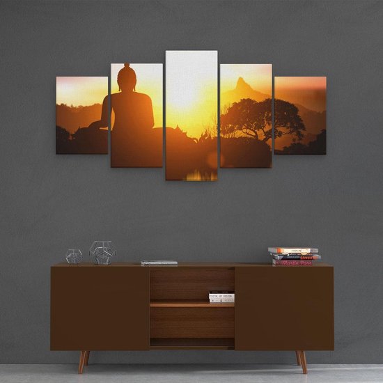 Pentaptyque Artaza - Peinture sur toile - Silhouette de statue de Bouddha avec coucher de soleil - 100x50 - Photo sur toile - Impression sur toile