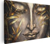 Artaza Canvas Schilderij Boeddha Beeld Met Gouden Bladeren - 120x80 - Groot - Foto Op Canvas - Wanddecoratie Woonkamer