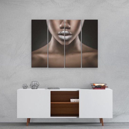 Artaza Toile Peinture Quadrutyque Argent Lèvres d'une Femme Africaine - 80x60 - Tableau sur Toile - Impression sur Toile