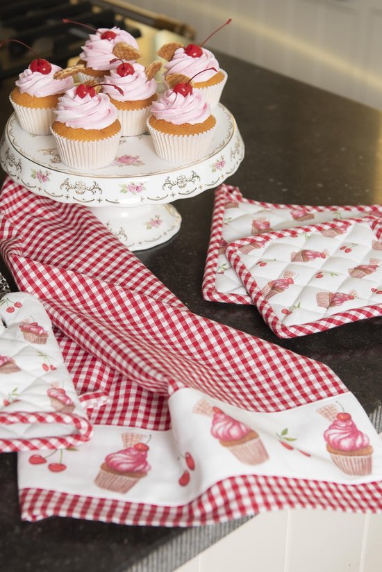 Clayre & Eef Torchon 50x70 cm Rouge Blanc Coton Cupcakes Torchon de cuisine