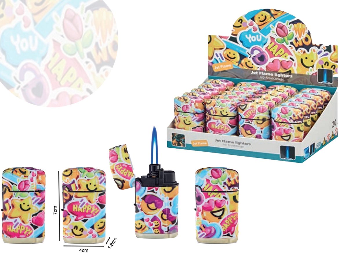 Goedkoopste Stormaanstekers Jet Flame - turbo aansteker - 20 stuks in display - 360° Happy print - soft touch