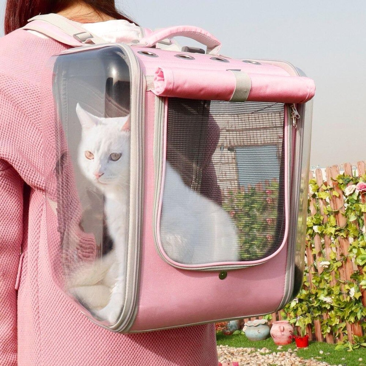 ''Dieren Draagtas - Transparante Katten Reismand - Honden Transportbox met Ventilatie - Sterke Huisdieren Reistas - Roze Ademende Rugzak' - KAMYRA