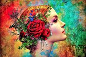 JJ-Art (Canvas) | Vrouw gezicht met roos en bloemen in haar in geschilderde stijl - woonkamer | Kleurrijk, groen, rood, blauw, modern | Foto-Schilderij print op Canvas (canvas wanddecoratie) 