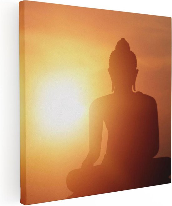 Artaza Canvas Schilderij Silhouet Van Een Boeddha Beeld Met Zonsondergang - 90x90 - Groot - Foto Op Canvas - Canvas Print