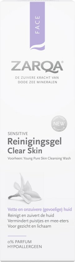 ZARQA Clear Skin reinigingsgel in een witte flacon met paarse opdruk. De tekst 'NEW FORMULA' staat in een cirkel.