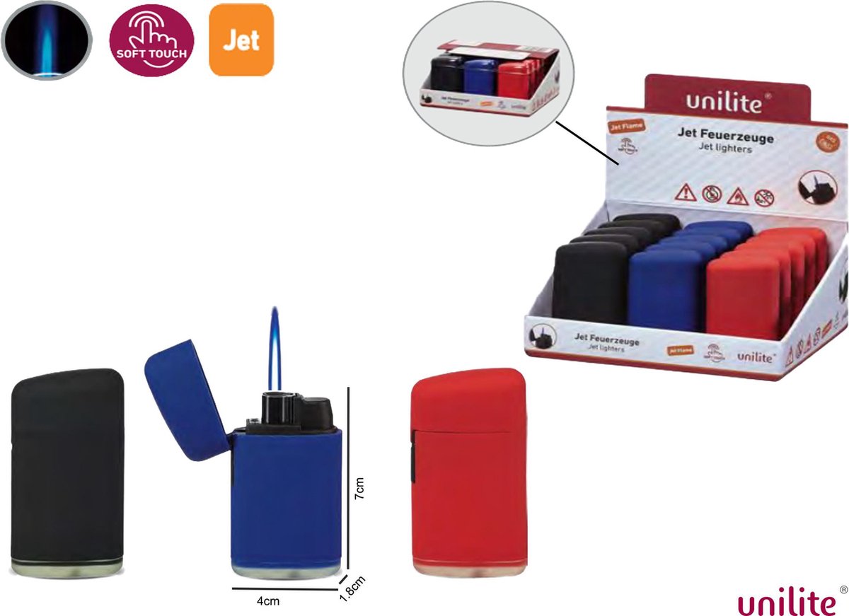 Goedkoopste Jet Flame Unilite aanstekers - turbo aansteker - 15 stuks in display - 3 soft color - soft touch lighters