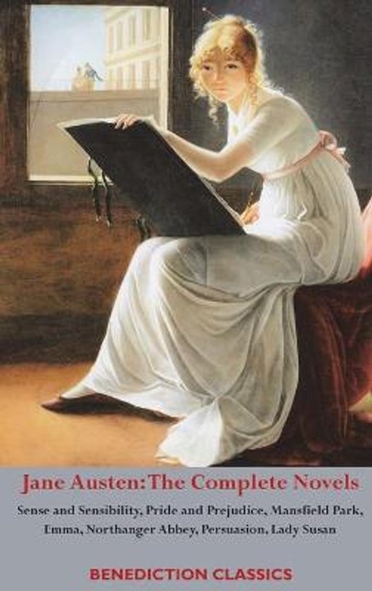 Les romans complets de Jane Austen, avec une femme en robe blanche assise à un chevalet en train de dessiner.