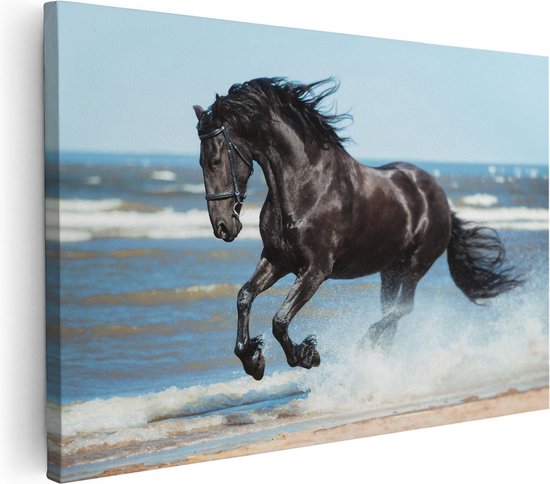 Artaza Canvas Schilderij Zwart Paard In Het Water - 60x40 - Foto Op Canvas - Canvas Print