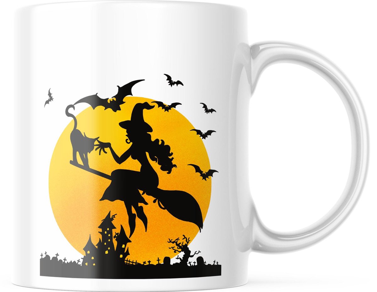 Halloween Mok: Heks met kat op bezemsteel