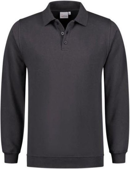 Donkere antracietkleurige polo sweater met lange mouwen en knoopsluiting.