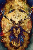 Celtic Tree - Poster duurzaam - Heilig Hert - 40x60cm - Hert - Gewei - Veren - Zand - Blauw - Pagan - Heidens - Keltisch - Wicca - Hekserij - Sjamanistisch - Mystiek
