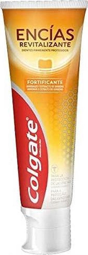 Colgate "Encias Revitalizante" tandpasta tube, met oranje en rode opdruk en "Fortificante".