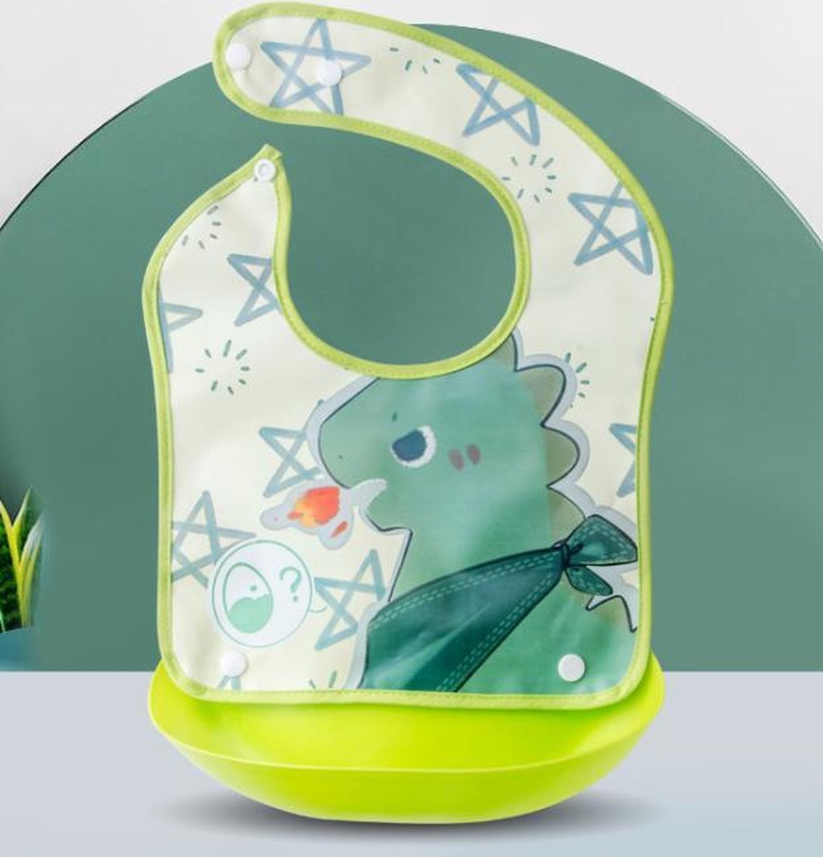 Without Lemons Slabbetje met opvangbak Groene Dino| Verstelbaar |Baby Dreumes en peuters | Vaatwasbestendig| 0 -3 Jaar |Unisex | Kraamcadeau | Cadeau |Duurzaam