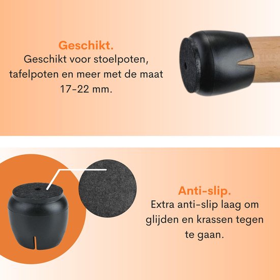 FLOOQ - Couvre-jambes de chaise - 17-22 mm - avec Feutre anti-rayures - Protège-jambes de chaise - Protection de sol - Protège-jambes d'assise - 24 pièces - Zwart - Rond