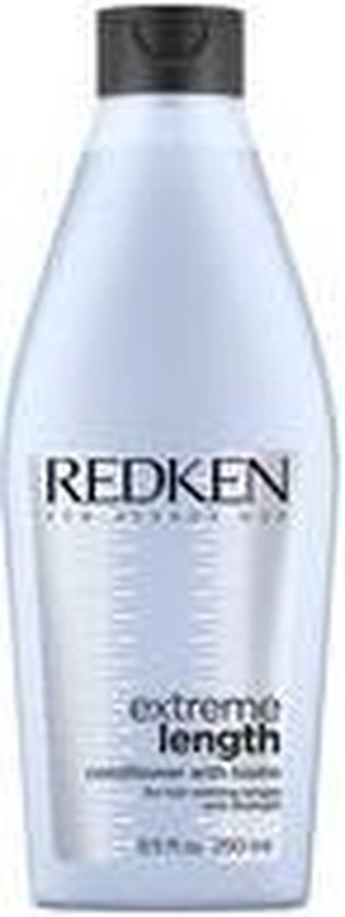 Een lichte paarse fles Redken Extreme Length conditioner met een zwarte dop.
