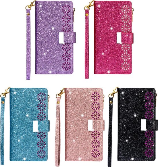 iPhone XR Luxe Glitter Livre Étui avec cordon - motif de fleur - Fermeture magnétique - Porte - monnaie avec fermeture éclair - Porte-cartes - Apple iPhone XR - Zwart
