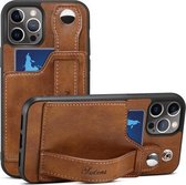 TPU + PU lederen schokbestendige beschermhoes met kaartsleuven en draagriem voor iPhone 13 mini (bruin)